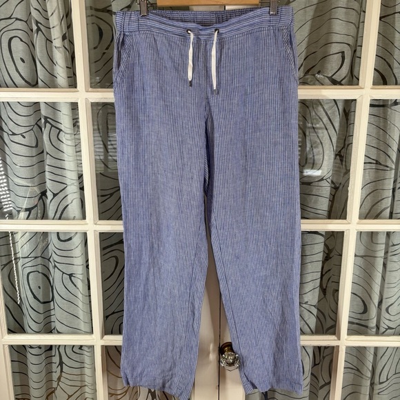 L.L. Bean Pants - LL Bean Favorite Fit 12 Blue White Stripe Linen Lagenlook Elas Waistband Pants